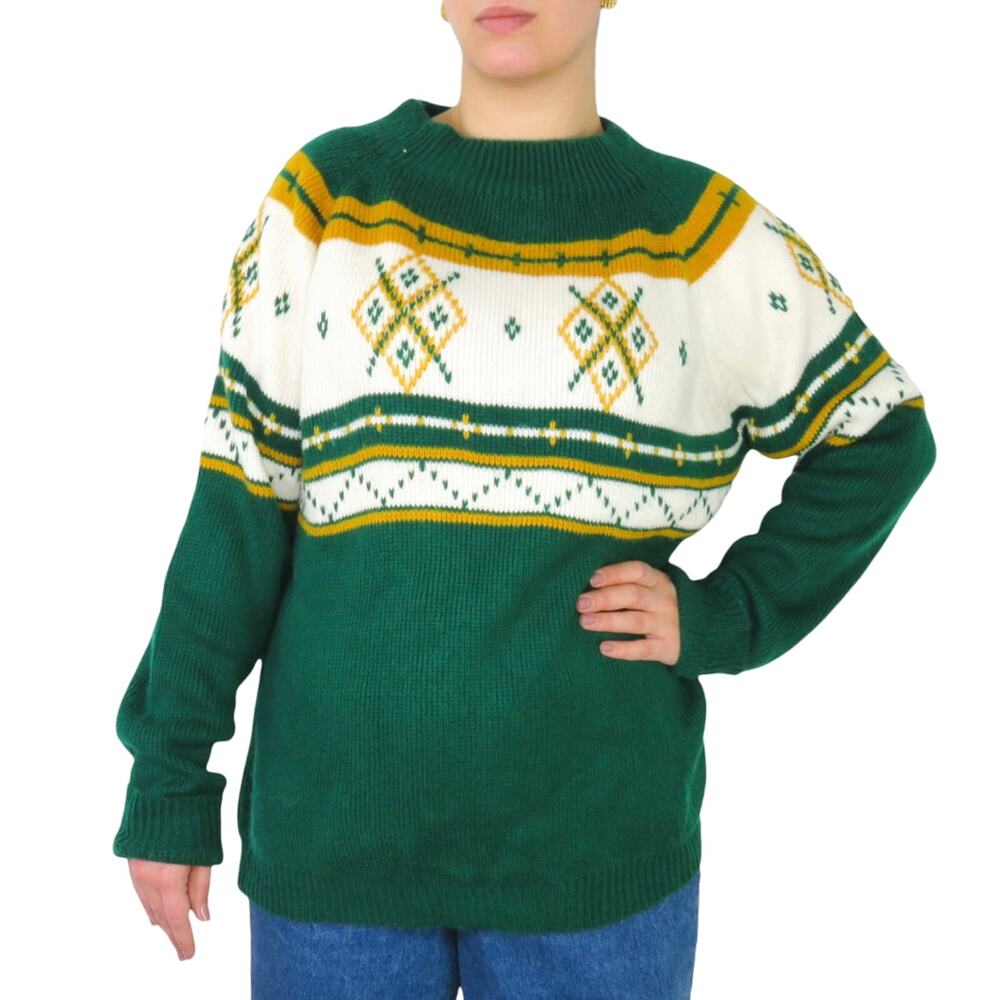 MG 1980s Vintage Sweater Green & Yellow Argyle Knit Sweater Large XL Crewneck